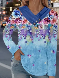 Women's T Shirt Floral Stylish Casual Long Sleeve V Neck Regular Tops Daily Buttons Print Blue Spring Fall
