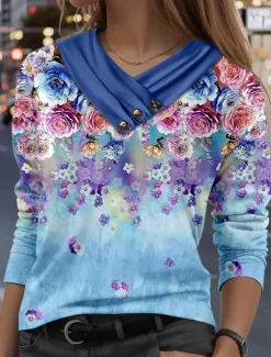 Women's T Shirt Floral Stylish Casual Long Sleeve V Neck Regular Tops Daily Buttons Print Blue Spring Fall