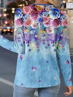 Women's T Shirt Floral Stylish Casual Long Sleeve V Neck Regular Tops Daily Buttons Print Blue Spring Fall