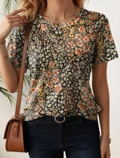 Women's T Shirt Floral Stylish Casual Short Sleeve Crew Neck Regular Tops Daily Print Khaki Summer