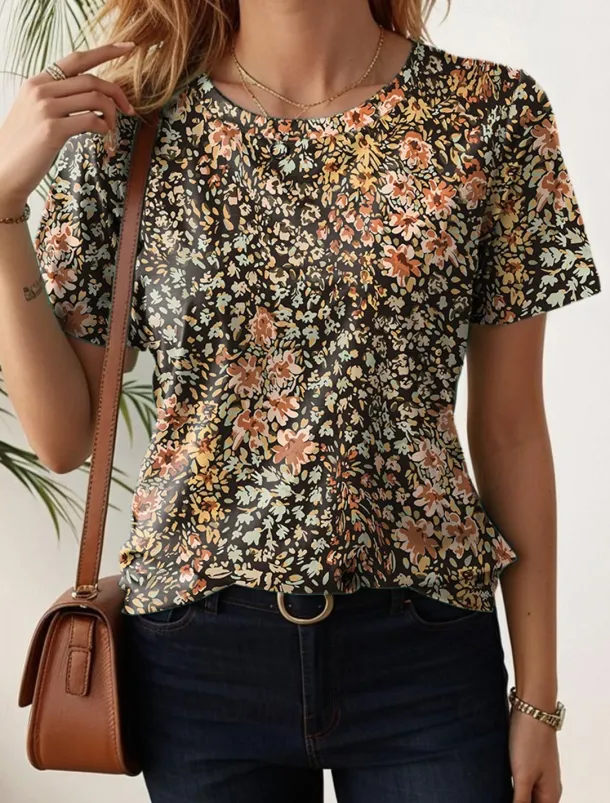 Women's T Shirt Floral Stylish Casual Short Sleeve Crew Neck Regular Tops Daily Print Khaki Summer