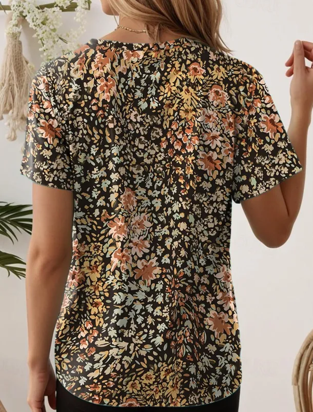 Women's T Shirt Floral Stylish Casual Short Sleeve Crew Neck Regular Tops Daily Print Khaki Summer