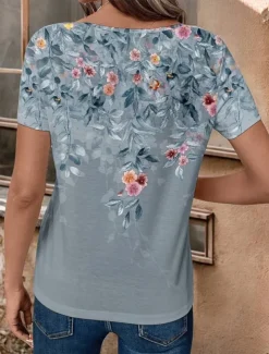 Women's T Shirt Floral Stylish Casual Short Sleeve V Neck Regular Tops Daily Print Blue Summer