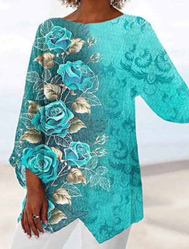 Women's T Shirt Floral Tie Dye Fashion Long Sleeve Round Neck Regular Tops Vacation Weekend Print Yellow Navy Blue Blue Spring & Fall