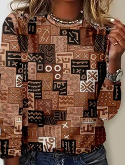 Women's T Shirt Floral Tribal Fashion Modern Long Sleeve Crew Neck Regular Tops Daily Print Orange Brown Gray Summer