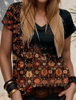 Women's T Shirt Floral Vintage Stylish Casual Short Sleeve V Neck Regular Tops Daily Going out Weekend Print Navy Blue Summer Spring