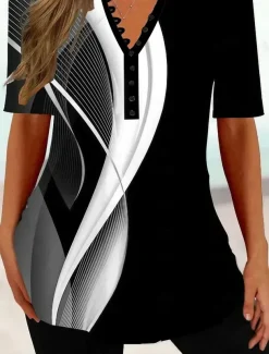 Women's T Shirt Geometric Abstract Tunic Basic Short Sleeve V Neck Regular Tops Casual Daily Buttons Print Black