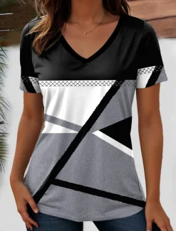 Women's T Shirt Geometric Striped Casual Short Sleeve V Neck Regular Tops Daily Going out Weekend Print Black Summer