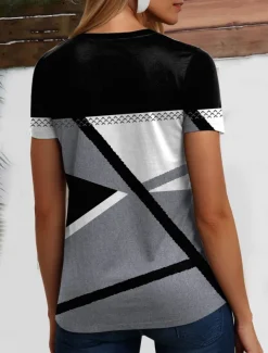 Women's T Shirt Geometric Striped Casual Short Sleeve V Neck Regular Tops Daily Going out Weekend Print Black Summer
