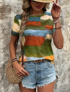 Women's T Shirt Geometric Casual Short Sleeve Round Neck Regular Tops Daily Print Green Summer