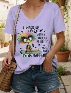 Women's T Shirt Graphic Animal Letter Vintage Stylish Ethnic Short Sleeve V Neck Regular Tops Daily Going out Beach Wear Print White Sky Blue Violet Summer Spring