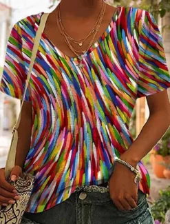 Women's T Shirt Graphic Basic Short Sleeve V Neck Regular Tops Daily Weekend Print Yellow Red Blue Green