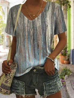 Women's T Shirt Graphic Basic Short Sleeve V Neck Regular Tops Daily Weekend Print Yellow Red Blue Green