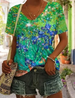 Women's T Shirt Graphic Basic Short Sleeve V Neck Regular Tops Daily Weekend Print Yellow Red Blue Green