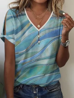 Women's T Shirt Graphic Basic Short Sleeve V Neck Regular Tops Daily Weekend Buttons Cut Out Print Blue Green Khaki