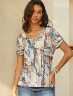 Women's T Shirt Graphic Basic Short Sleeve V Neck Regular Tops Daily Weekend Buttons Cut Out Print Blue Green Khaki