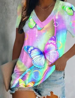 Women's T Shirt Graphic Butterfly Tie Dye Basic Neon & Bright Short Sleeve V Neck Regular Tops Holiday Weekend Print Yellow Pink Blue Green Light Blue