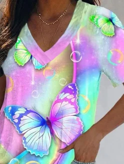 Women's T Shirt Graphic Butterfly Tie Dye Basic Neon & Bright Short Sleeve V Neck Regular Tops Holiday Weekend Print Yellow Pink Blue Green Light Blue