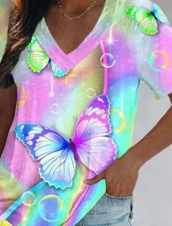 Women's T Shirt Graphic Butterfly Tie Dye Basic Neon & Bright Short Sleeve V Neck Regular Tops Holiday Weekend Print Yellow Pink Blue Green Light Blue