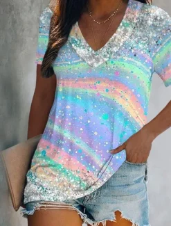 Women's T Shirt Graphic Butterfly Tie Dye Basic Neon & Bright Short Sleeve V Neck Regular Tops Holiday Weekend Print Yellow Pink Blue Green Light Blue