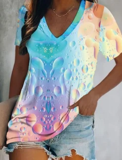 Women's T Shirt Graphic Butterfly Tie Dye Basic Neon & Bright Short Sleeve V Neck Regular Tops Holiday Weekend Print Yellow Pink Blue Green Light Blue