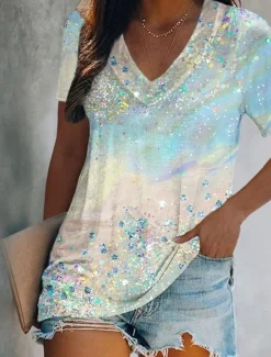 Women's T Shirt Graphic Butterfly Tie Dye Basic Neon & Bright Short Sleeve V Neck Regular Tops Holiday Weekend Print Yellow Pink Blue Green Light Blue