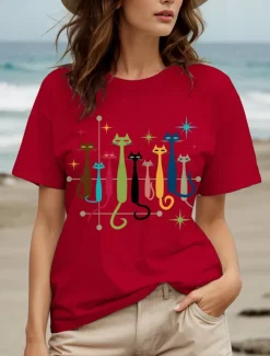Women's T Shirt Graphic Cat Star Vintage Stylish Classic Short Sleeve Crew Neck Round Neck Regular Tops Daily Weekend Print Black White Yellow Red Blue Summer Spring