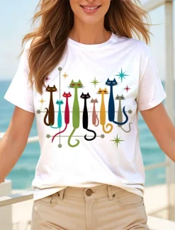 Women's T Shirt Graphic Cat Star Vintage Stylish Classic Short Sleeve Crew Neck Round Neck Regular Tops Daily Weekend Print Black White Yellow Red Blue Summer Spring