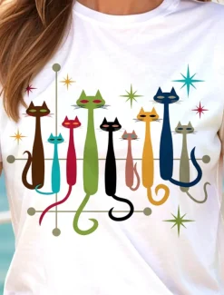 Women's T Shirt Graphic Cat Star Vintage Stylish Classic Short Sleeve Crew Neck Round Neck Regular Tops Daily Weekend Print Black White Yellow Red Blue Summer Spring