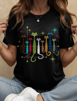 Women's T Shirt Graphic Cat Star Vintage Stylish Classic Short Sleeve Crew Neck Round Neck Regular Tops Daily Weekend Print Black White Yellow Red Blue Summer Spring