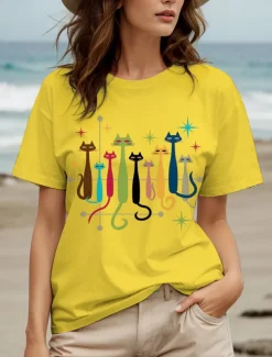 Women's T Shirt Graphic Cat Star Vintage Stylish Classic Short Sleeve Crew Neck Round Neck Regular Tops Daily Weekend Print Black White Yellow Red Blue Summer Spring