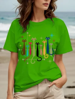 Women's T Shirt Graphic Cat Star Vintage Stylish Classic Short Sleeve Crew Neck Round Neck Regular Tops Daily Weekend Print Black White Yellow Red Blue Summer Spring