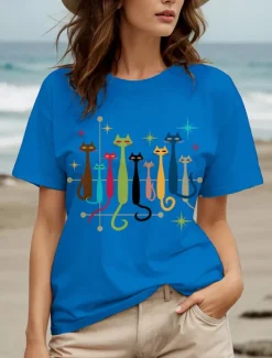 Women's T Shirt Graphic Cat Star Vintage Stylish Classic Short Sleeve Crew Neck Round Neck Regular Tops Daily Weekend Print Black White Yellow Red Blue Summer Spring