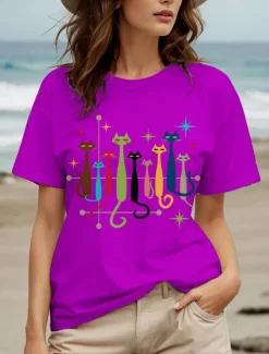 Women's T Shirt Graphic Cat Star Vintage Stylish Classic Short Sleeve Crew Neck Round Neck Regular Tops Daily Weekend Print Black White Yellow Red Blue Summer Spring