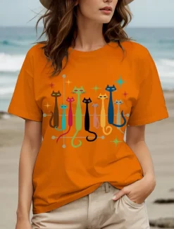 Women's T Shirt Graphic Cat Star Vintage Stylish Classic Short Sleeve Crew Neck Round Neck Regular Tops Daily Weekend Print Black White Yellow Red Blue Summer Spring