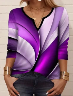 Women's T Shirt Graphic Casual Long Sleeve Notched Neck Regular Tops Daily Print Purple Spring Fall