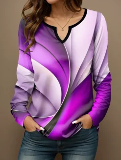 Women's T Shirt Graphic Casual Long Sleeve Notched Neck Regular Tops Daily Print Purple Spring Fall