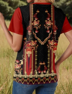 Women's T Shirt Graphic Geometric Plants Stylish Modern Casual Short Sleeve V Neck Regular Tops Daily Weekend Print Wine Summer Spring