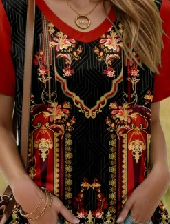 Women's T Shirt Graphic Geometric Plants Stylish Modern Casual Short Sleeve V Neck Regular Tops Daily Weekend Print Wine Summer Spring