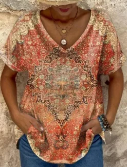 Women's T Shirt Graphic Geometric Vintage Vintage Ethnic Casual Short Sleeve V Neck Regular Tops Daily Weekend Beach Wear Print Maroon Red Orange Summer Spring