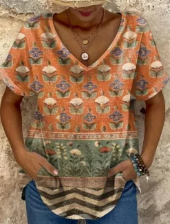 Women's T Shirt Graphic Geometric Vintage Vintage Ethnic Casual Short Sleeve V Neck Regular Tops Daily Weekend Beach Wear Print Maroon Red Orange Summer Spring