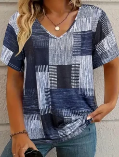 Women's T Shirt Graphic Geometric Geometry Vintage Fashion Casual Long Sleeve V Neck Regular Tops Daily Sports Going out Print Dusty Blue Summer Spring