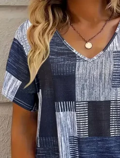 Women's T Shirt Graphic Geometric Geometry Vintage Fashion Casual Long Sleeve V Neck Regular Tops Daily Sports Going out Print Dusty Blue Summer Spring