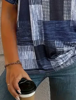 Women's T Shirt Graphic Geometric Geometry Vintage Fashion Casual Long Sleeve V Neck Regular Tops Daily Sports Going out Print Dusty Blue Summer Spring