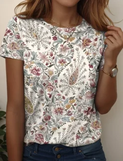 Women's T Shirt Graphic Paisley Vintage Stylish Casual Short Sleeve Crew Neck Regular Tops Daily Weekend Beach Wear Print Black+White+Red Black Pink Dark Green Brown Summer