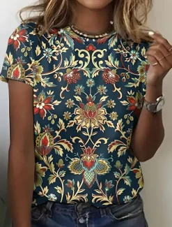 Women's T Shirt Graphic Paisley Vintage Stylish Casual Short Sleeve Crew Neck Regular Tops Daily Weekend Beach Wear Print Black+White+Red Black Pink Dark Green Brown Summer