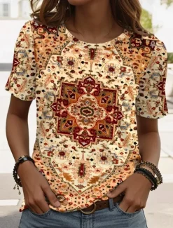 Women's T Shirt Graphic Paisley Vintage Stylish Casual Short Sleeve Crew Neck Regular Tops Daily Weekend Beach Wear Print Black+White+Red Black Pink Dark Green Brown Summer