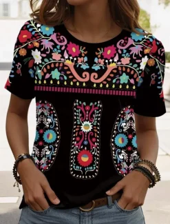 Women's T Shirt Graphic Paisley Vintage Stylish Casual Short Sleeve Crew Neck Regular Tops Daily Weekend Beach Wear Print Black+White+Red Black Pink Dark Green Brown Summer