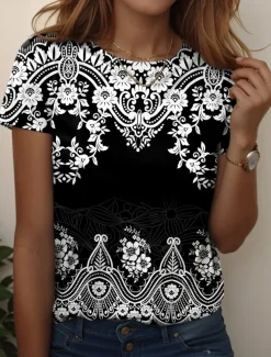 Women's T Shirt Graphic Paisley Vintage Stylish Casual Short Sleeve Crew Neck Regular Tops Daily Weekend Beach Wear Print Black+White+Red Black Pink Dark Green Brown Summer