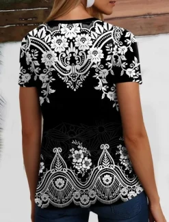 Women's T Shirt Graphic Paisley Vintage Stylish Casual Short Sleeve Crew Neck Regular Tops Daily Weekend Beach Wear Print Black+White+Red Black Pink Dark Green Brown Summer